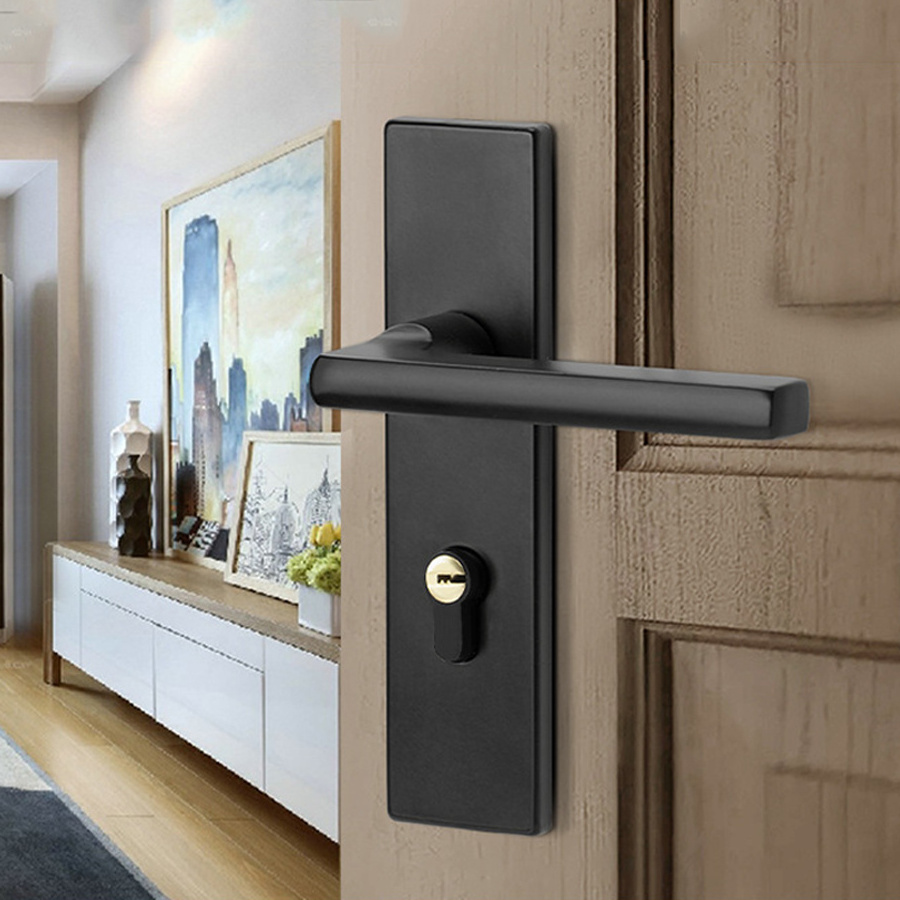 Furniture Hardware Thick Door Plate Lock Black Silent Door Mortise Handle Lock with Lock Body Cylinder Key