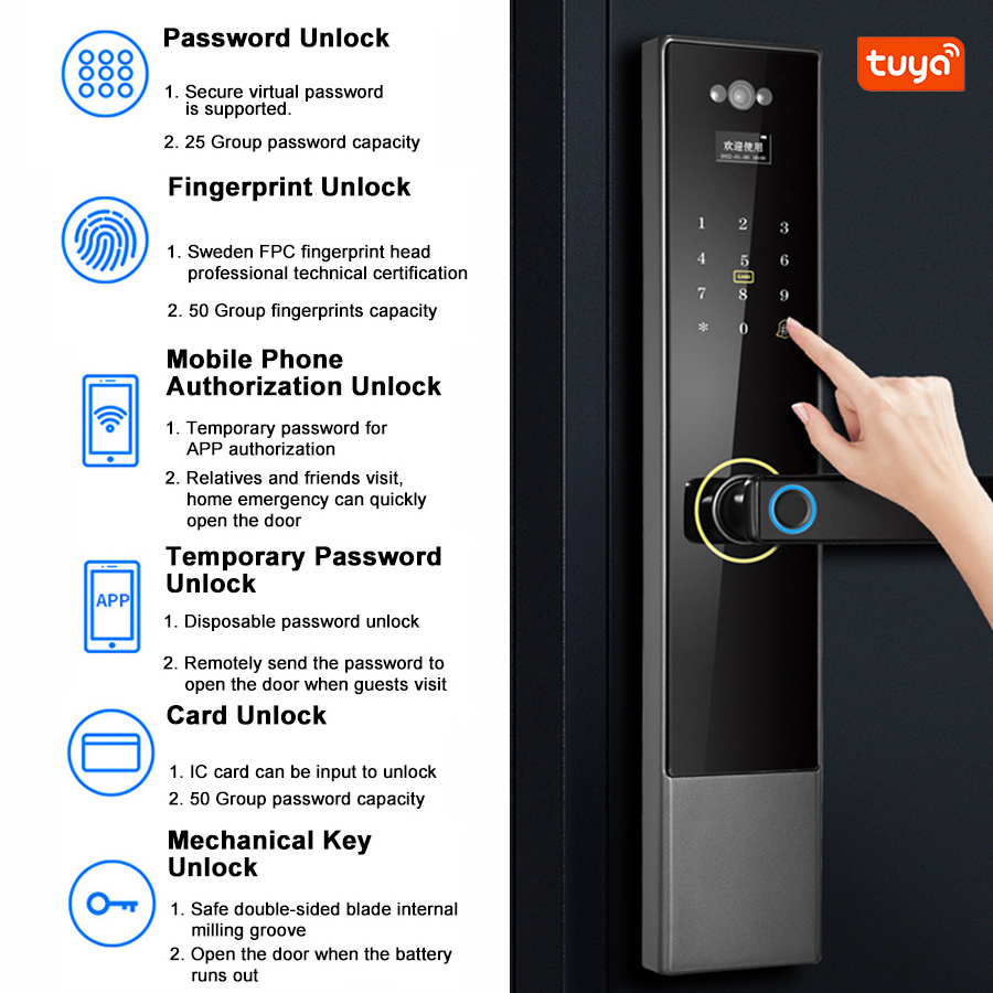 Electric Wifi Mobile Phone App Digital Password Fingerprint Unlock Safe Remote Control Smart Door Lock with Cat Eye for Gate