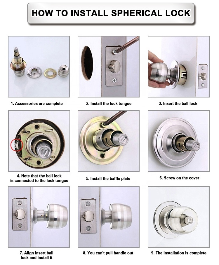 Top Quality Easy Install Stainless Steel Copper Ball Doorknob Lockset Cylindrical Round Bathroom Door Knob Cylinder Lock