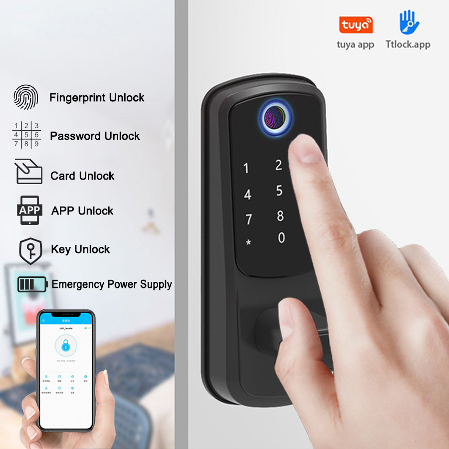 Tuya App Ttlock Wifi Keyless Digital Password Card Biometric Fingerprint Smart Door Handle Lock