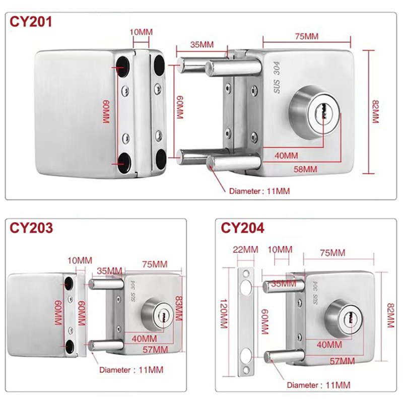 Custom Stainless Steel Swing Lock Hardware Fitting Double Sided Sliding Frameless Glass Door Center Lock with Keys