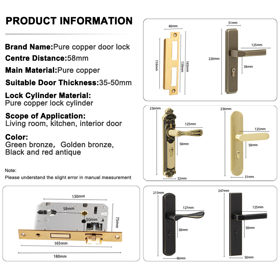 Pure Copper Locks Inner Door Handle Lock with Cylinder and Key