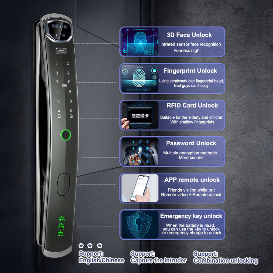 Facial Recognit Locks Tuya Wifi Fingerprint Automatic 3D Face ID Recognition Smart Door Lock with Eye Scanner Camera