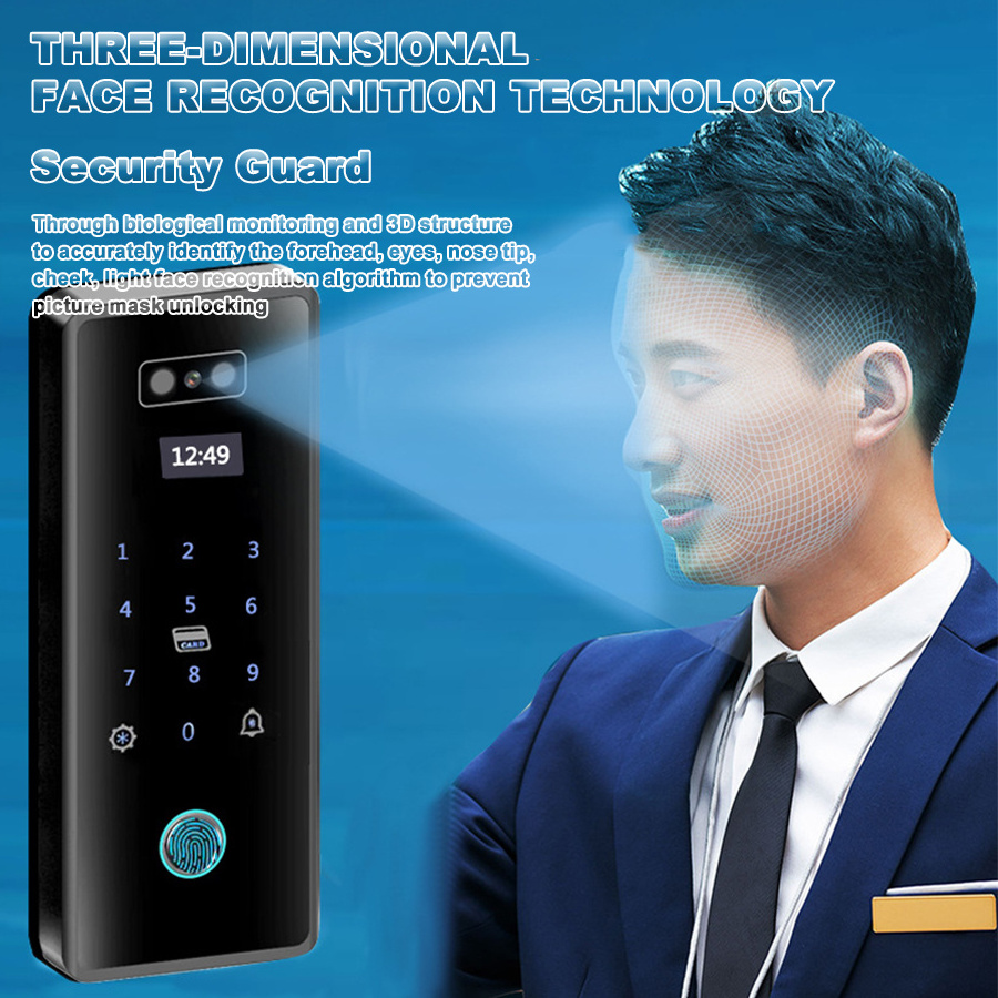 3D Face Recognition Tuya App Wifi Fingerprint Digital Password Tempered Sliding Glass Door Smart Hook lock with Screen