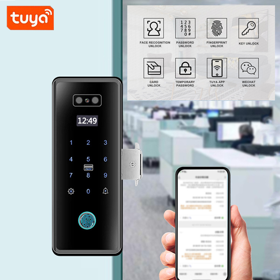 3D Face Recognition Tuya App Wifi Fingerprint Digital Password Tempered Sliding Glass Door Smart Hook lock with Screen