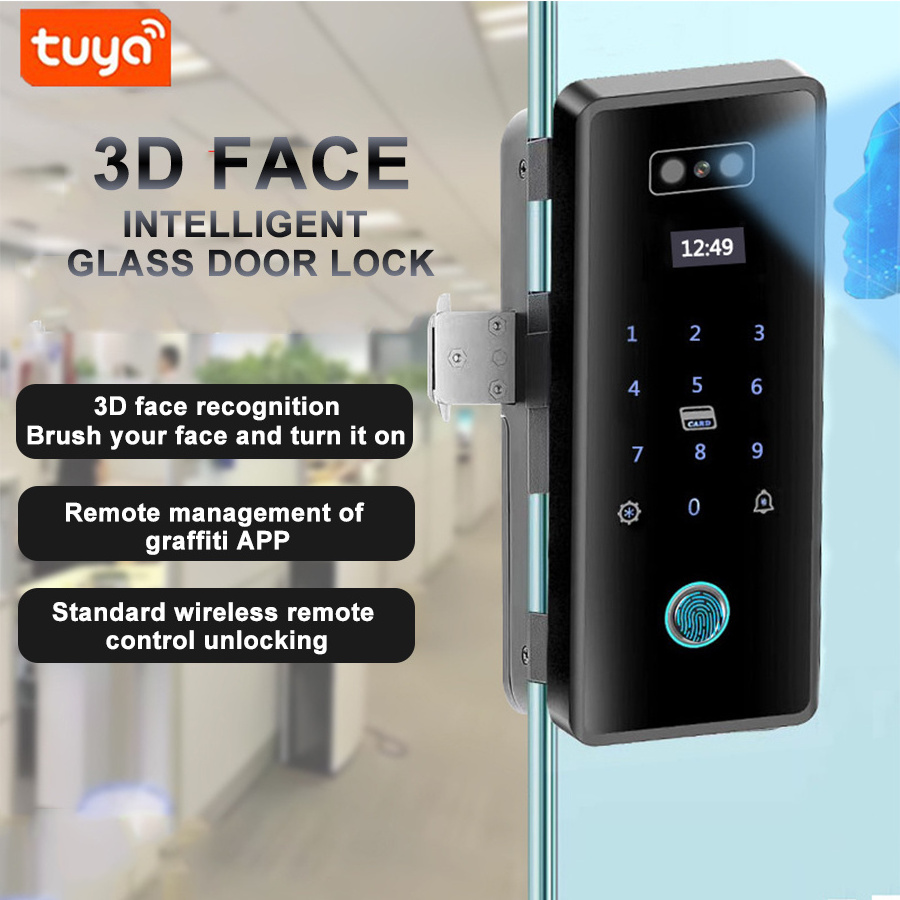 3D Face Recognition Tuya App Wifi Fingerprint Digital Password Tempered Sliding Glass Door Smart Hook lock with Screen