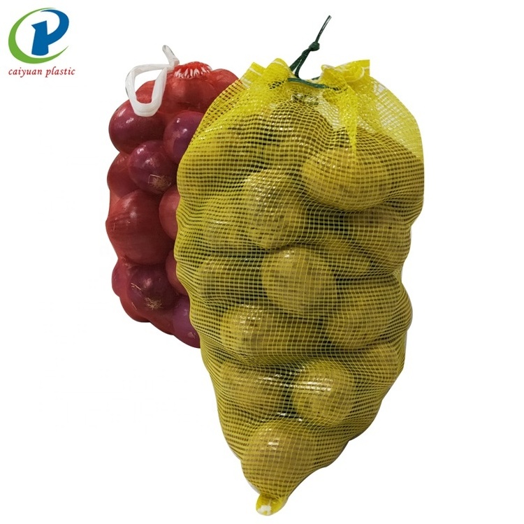 red and yellow color lemon fruit drawstring mesh bag for vegetables