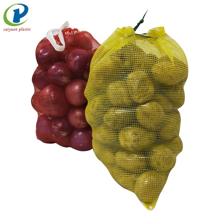 red and yellow color lemon fruit drawstring mesh bag for vegetables