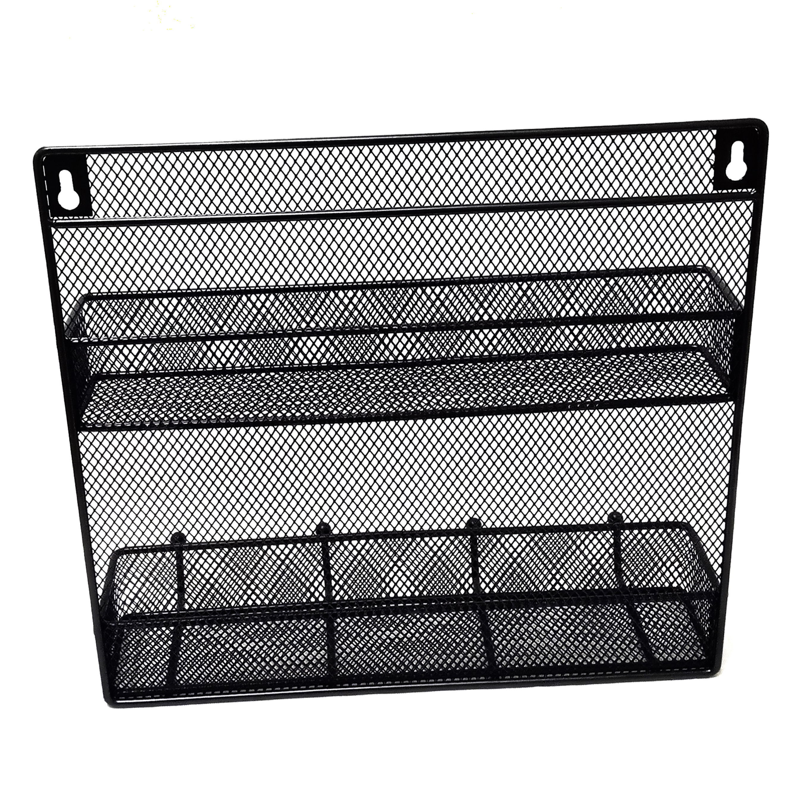 Wall Mounted Black Wire Mesh Metal 2 Shelf Multipurpose Spice Storage Organizer Rack W/ 4 Hanging Hooks