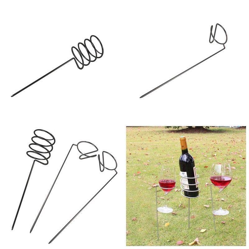 Wine Bottle And Glass Holders, Push Stakes Into Ground, Stainless Steel