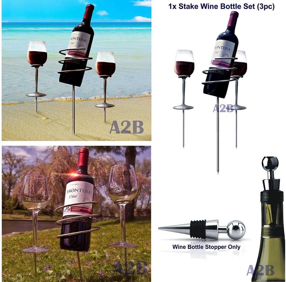 Wine Bottle And Glass Holders, Push Stakes Into Ground, Stainless Steel