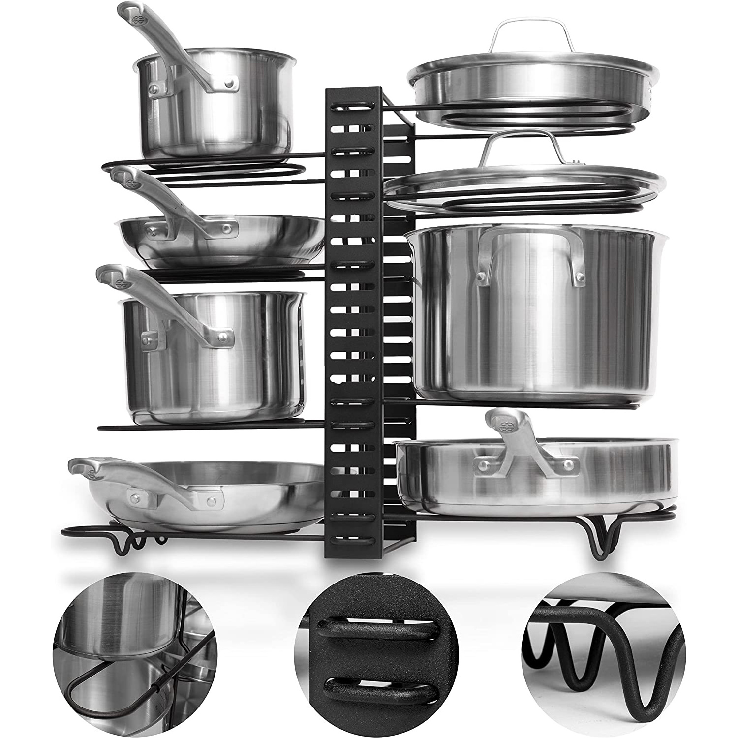 Adjustable Steel and Stainless Kitchen Pot Holder Pan Organizer Shelf Rack for Cabinet Use Lid and Pot Lid Organizer