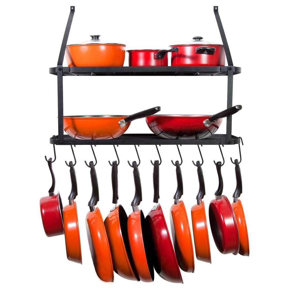 Wall Mounted 2 Tiers Shelf Pot Rack Pan Hanging Racks