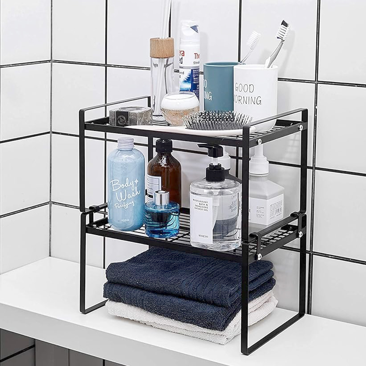 Bathroom Bedroom Office Table Desk Kitchen Cabinet Shelf Counter Organizer Rack Stackable Pantry Storage Organizer 2 Pack