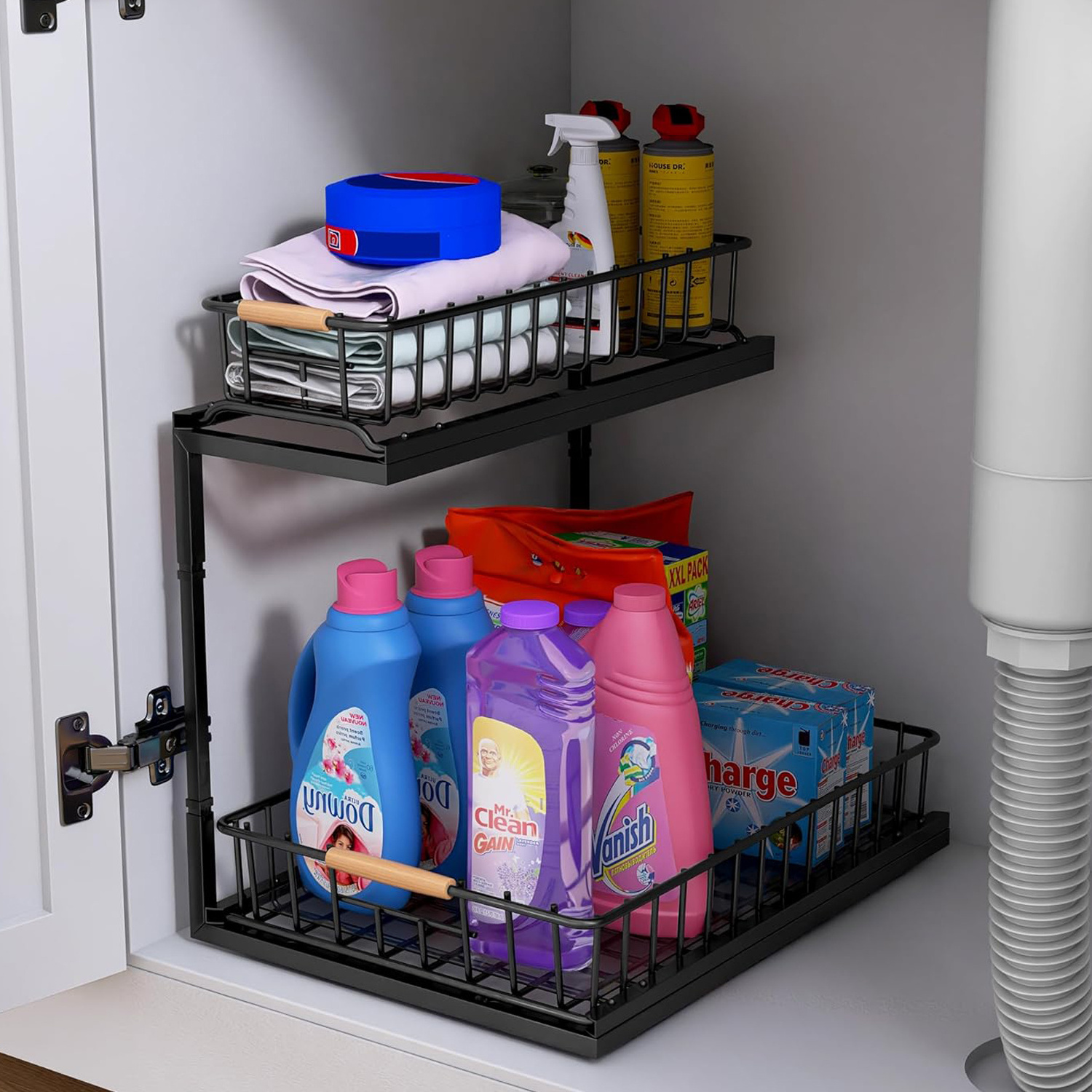 Bathroom Kitchen Cabinet Under Sink Storage Organizer Metal Pull Out Cabinet Organizer Double Sliding Drawers