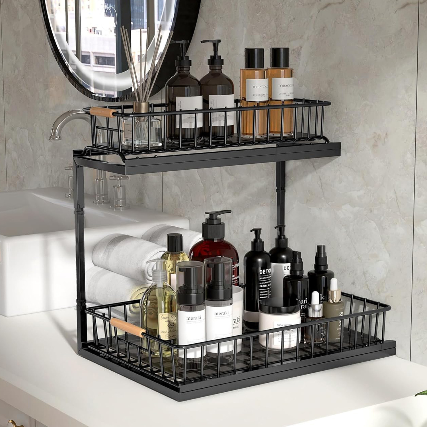 Bathroom Kitchen Cabinet Under Sink Storage Organizer Metal Pull Out Cabinet Organizer Double Sliding Drawers