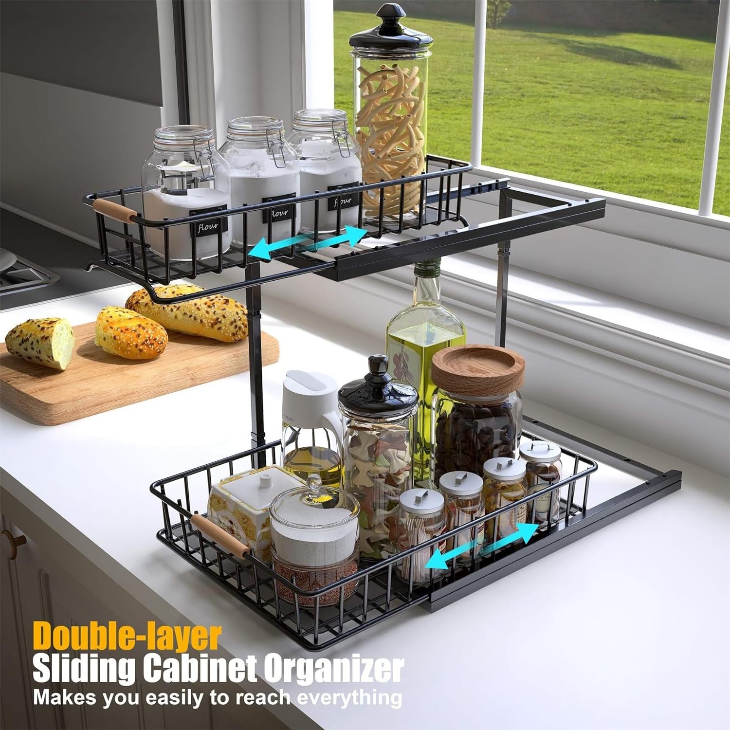 Bathroom Kitchen Cabinet Under Sink Storage Organizer Metal Pull Out Cabinet Organizer Double Sliding Drawers