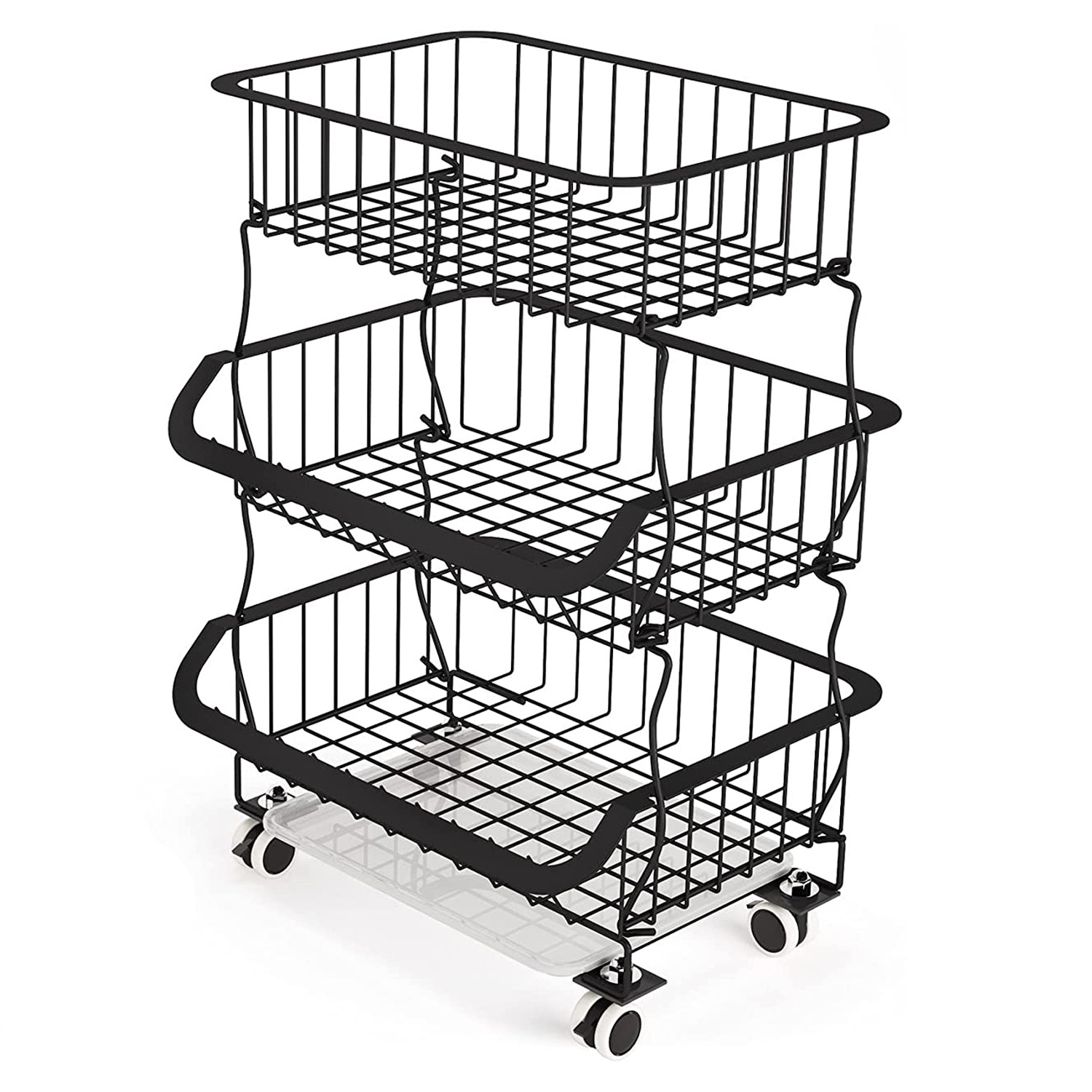 3 Tier Stack Metal Wire Basket Cart with Rolling Wheels, Utility Rack for Kitchen, Pantry, Garage