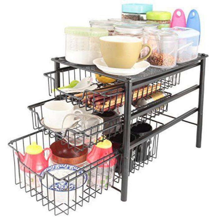 3 Tiers Steel Wire Stackable Sliding Basket Drawer Organizer Cabinet Pull Out Storage Basket Under Sink Organizer