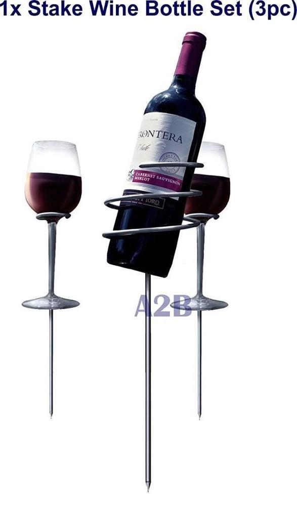 Wine Bottle And Glass Holders, Push Stakes Into Ground, Stainless Steel