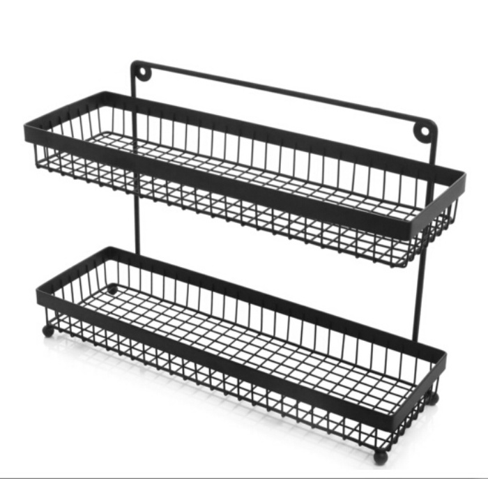 2 Tier Wire Frame Wall Mountable Metal Kitchen Spice Rack, Countertop Storage Shelves, Black