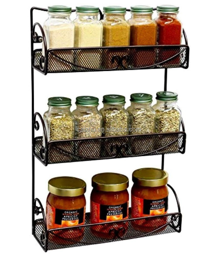 Black Scroll Storage 3 Tier Shelf Kitchen Wall Mount Spice Rack Spice Jar Organizer