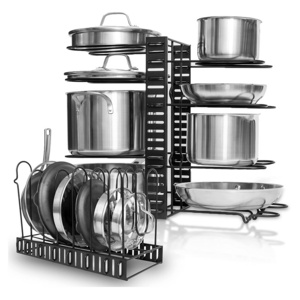 Adjustable Steel and Stainless Kitchen Pot Holder Pan Organizer Shelf Rack for Cabinet Use Lid and Pot Lid Organizer