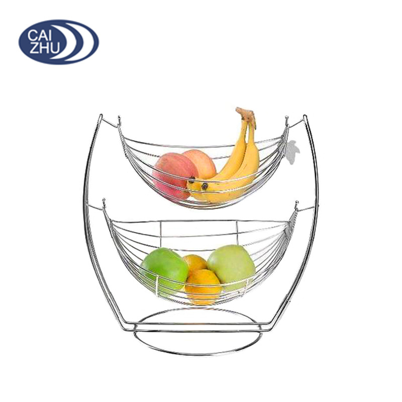 Steel Wire Chrome Plating Hammock Swinging 2 Tier Fruits Basket Fruits Storage Basket Fruits Holder