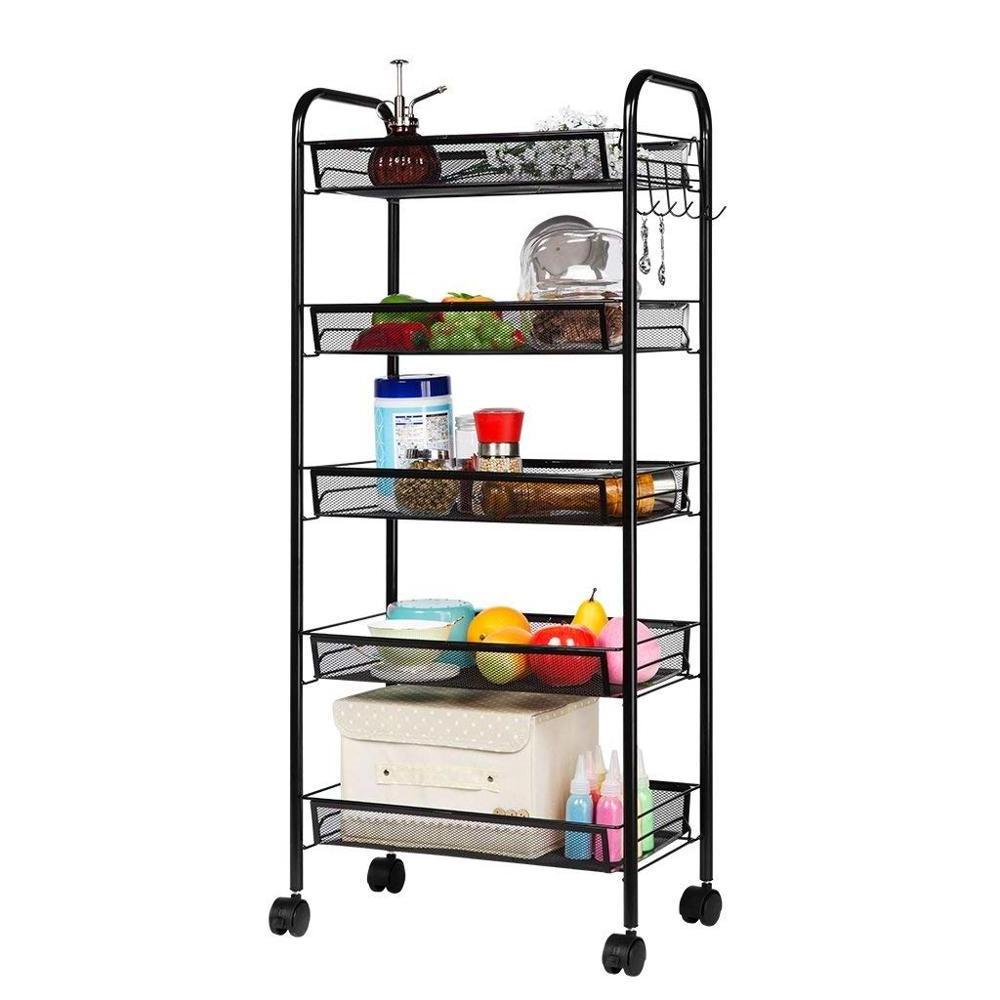 5-Tier Basket Stand Kitchen Bathroom Trolley Full-Metal Rolling Storage Cart with Lockable Wheels 5 Side Hooks and Shelves