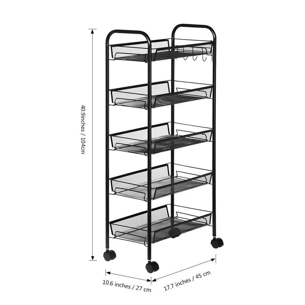 5-Tier Basket Stand Kitchen Bathroom Trolley Full-Metal Rolling Storage Cart with Lockable Wheels 5 Side Hooks and Shelves