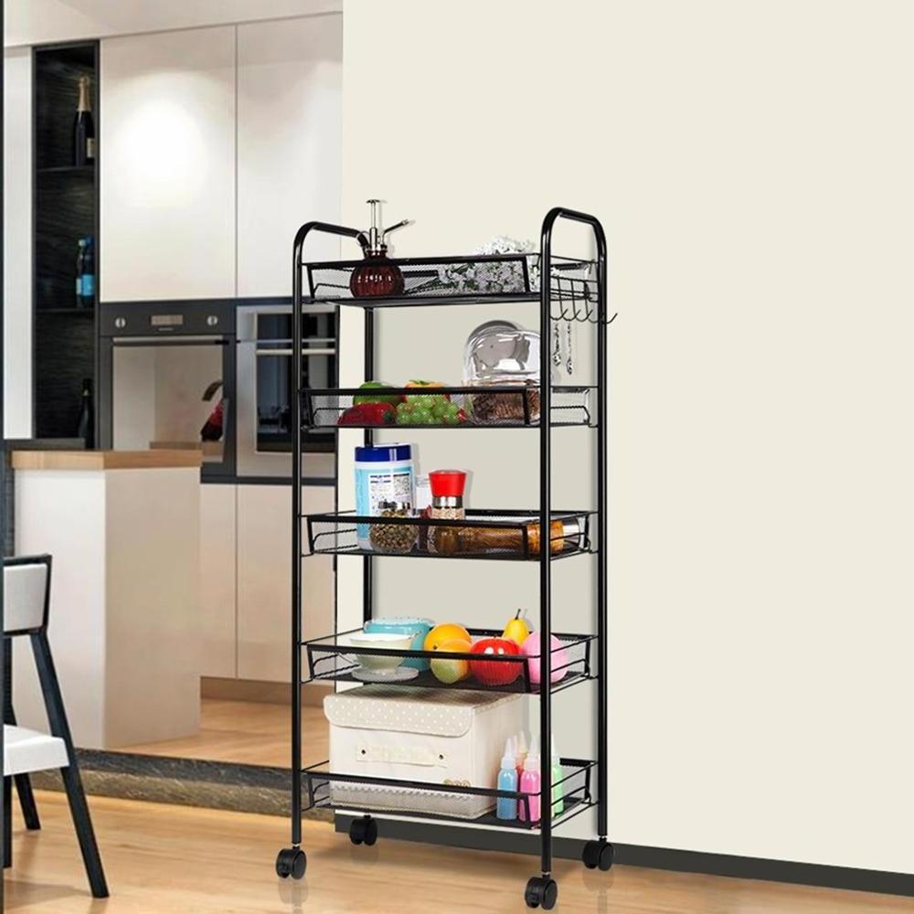 5-Tier Basket Stand Kitchen Bathroom Trolley Full-Metal Rolling Storage Cart with Lockable Wheels 5 Side Hooks and Shelves