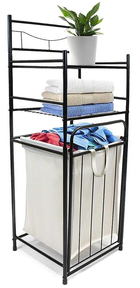 Bathroom Tower Hamper - Features Tilt Laundry Hamper and 2-Tier Storage Shelves - Great for Bathroom, Laundry Room, Bedroom