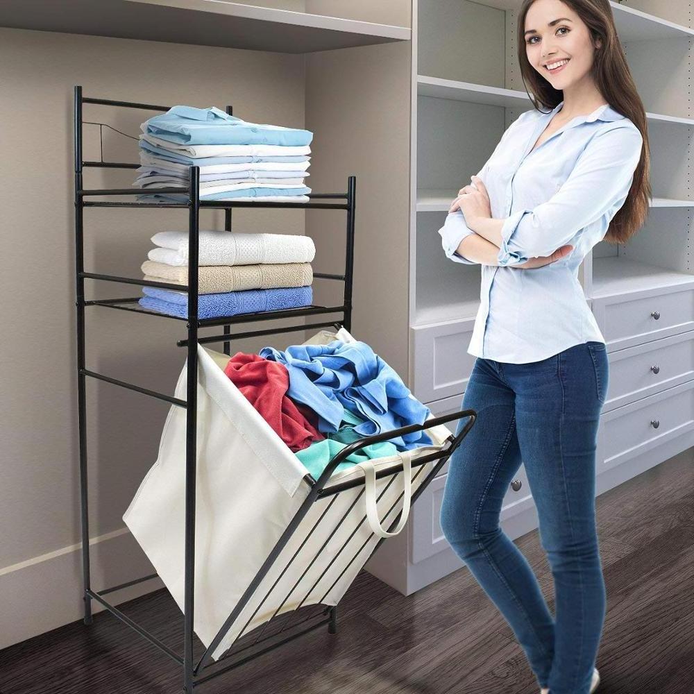 Bathroom Tower Hamper - Features Tilt Laundry Hamper and 2-Tier Storage Shelves - Great for Bathroom, Laundry Room, Bedroom