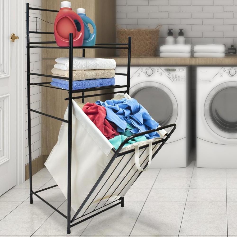 Bathroom Tower Hamper - Features Tilt Laundry Hamper and 2-Tier Storage Shelves - Great for Bathroom, Laundry Room, Bedroom