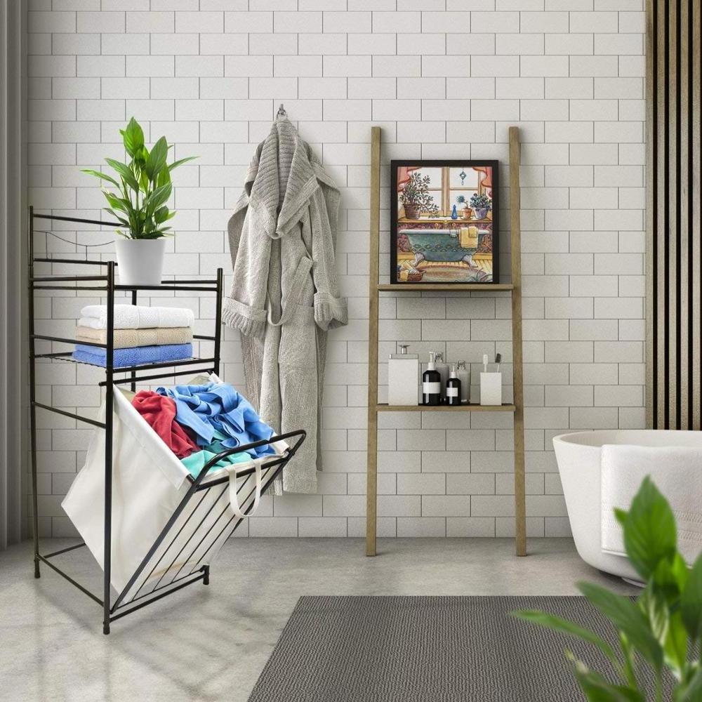 Bathroom Tower Hamper - Features Tilt Laundry Hamper and 2-Tier Storage Shelves - Great for Bathroom, Laundry Room, Bedroom