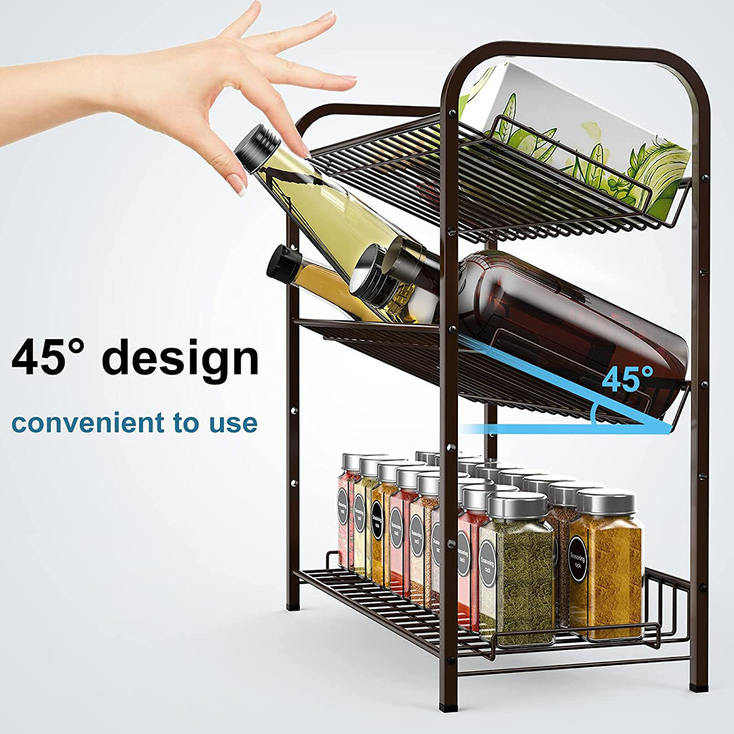 3-Tier Adjustable Spice Shelf Rack, Expandable Countertop Seasoning Bottle Holder Organizer for Cabinet