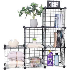 Home, Office and Kids Room Metal wire mesh Stackable Bookcase Adjustable 6 Cubes Closet Organizer Storage Shelves Cubes