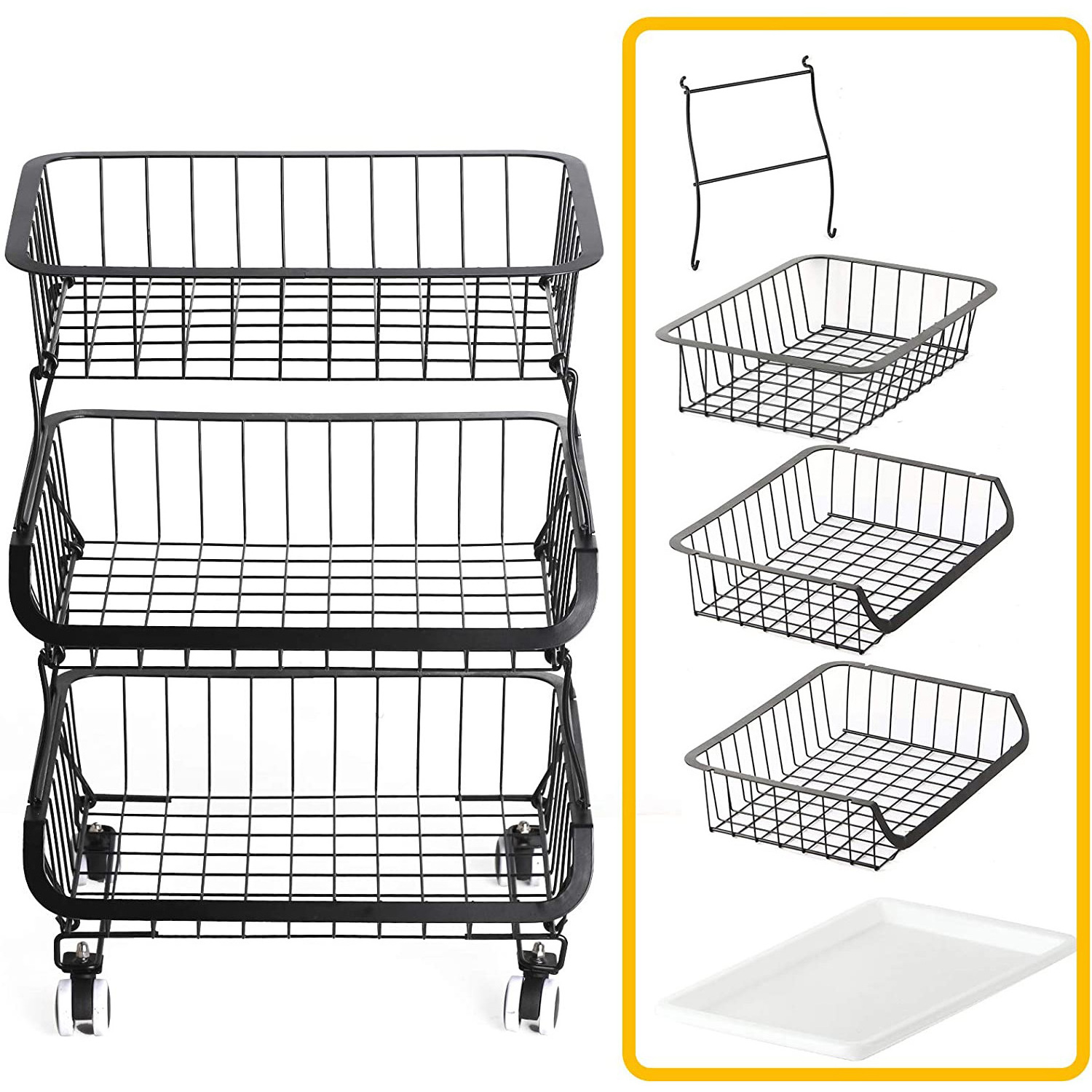 3 Tier Stack Metal Wire Basket Cart with Rolling Wheels, Utility Rack for Kitchen, Pantry, Garage