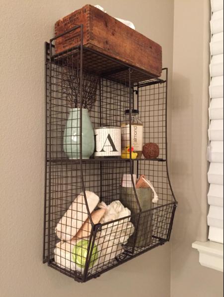 Wall Mounted Metal Wire Mesh Storage Basket Shelf Organizer Rack  with 2 Hanging Hooks