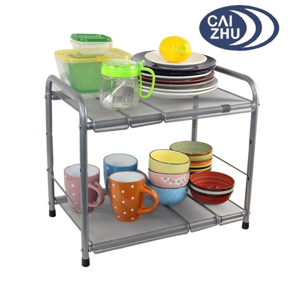 Under Sink 2 Tiers Expandable Shelf Pantry Organizer with 6 Metal Removable Panels