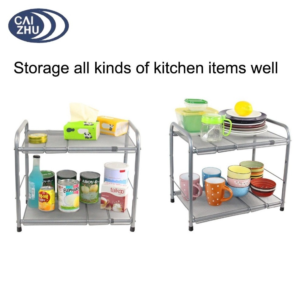 Under Sink 2 Tiers Expandable Shelf Pantry Organizer with 6 Metal Removable Panels