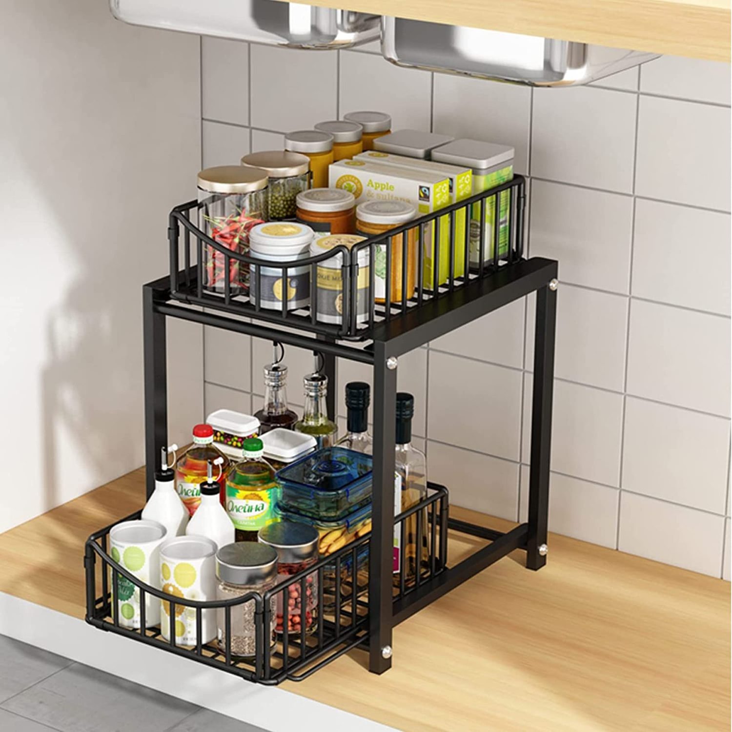 Under Sink 2-Tier Pull-Out Mesh Basket Rack Cabinet Drawer Basket Drawer Kitchen Organizer Bathroom Drawer Organizer