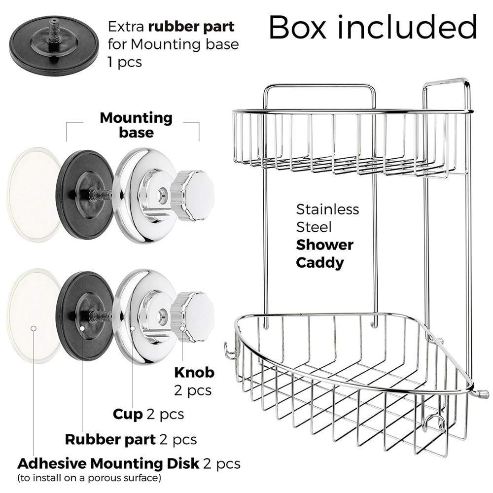 Suction Cup Corner Shower Caddy , Stainless Steel Polished Chrome Shelf 2 Tier Basket Holder for Bathroom and Kitchen