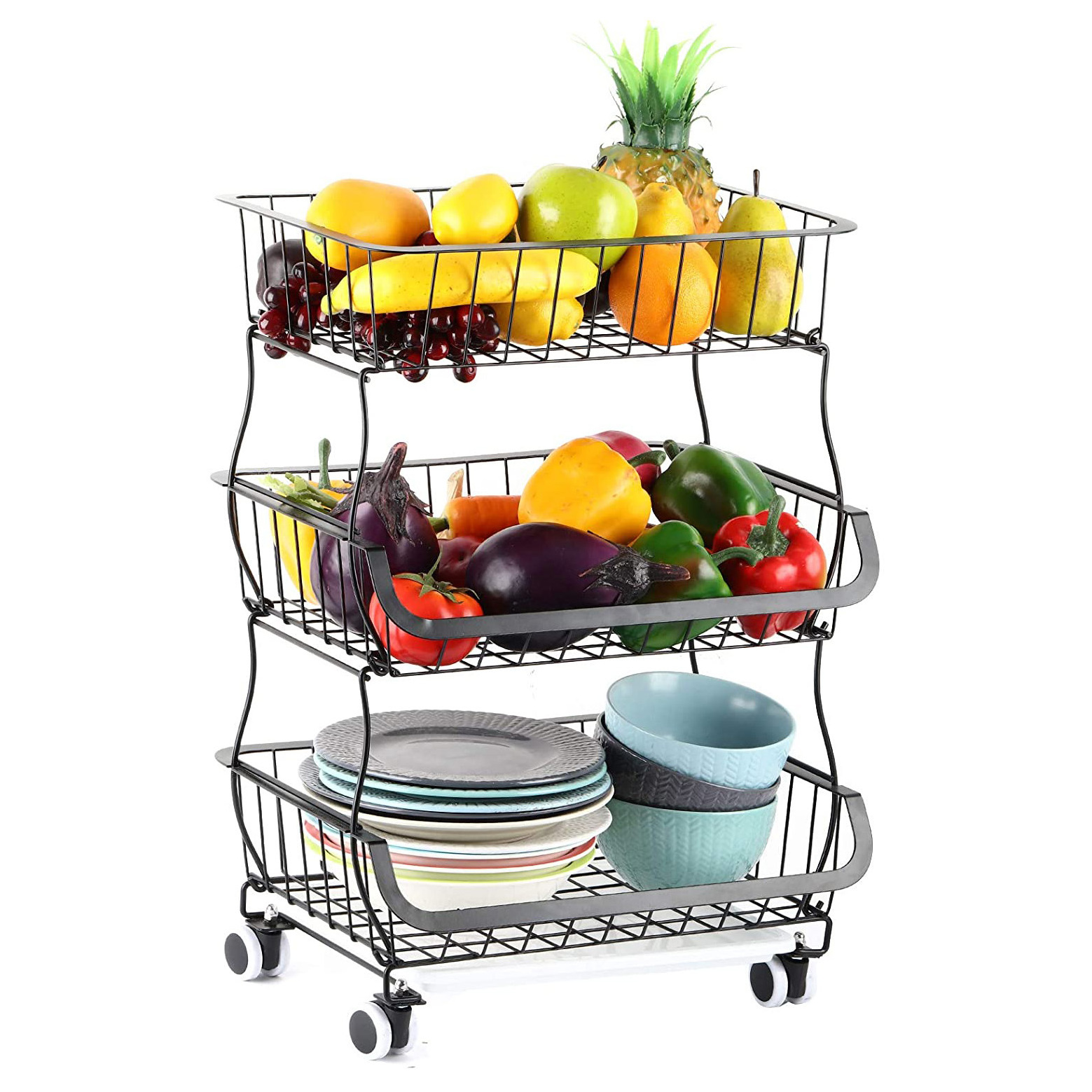 3 Tier Stack Metal Wire Basket Cart with Rolling Wheels, Utility Rack for Kitchen, Pantry, Garage