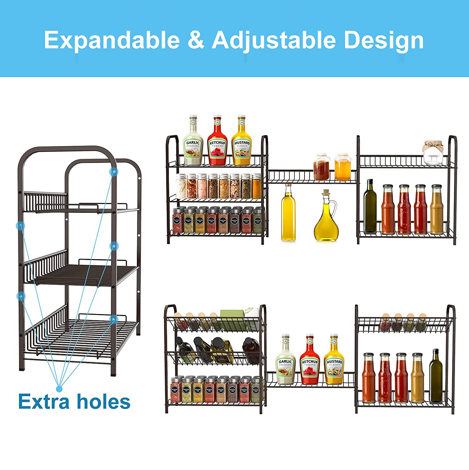 3-Tier Adjustable Spice Shelf Rack, Expandable Countertop Seasoning Bottle Holder Organizer for Cabinet