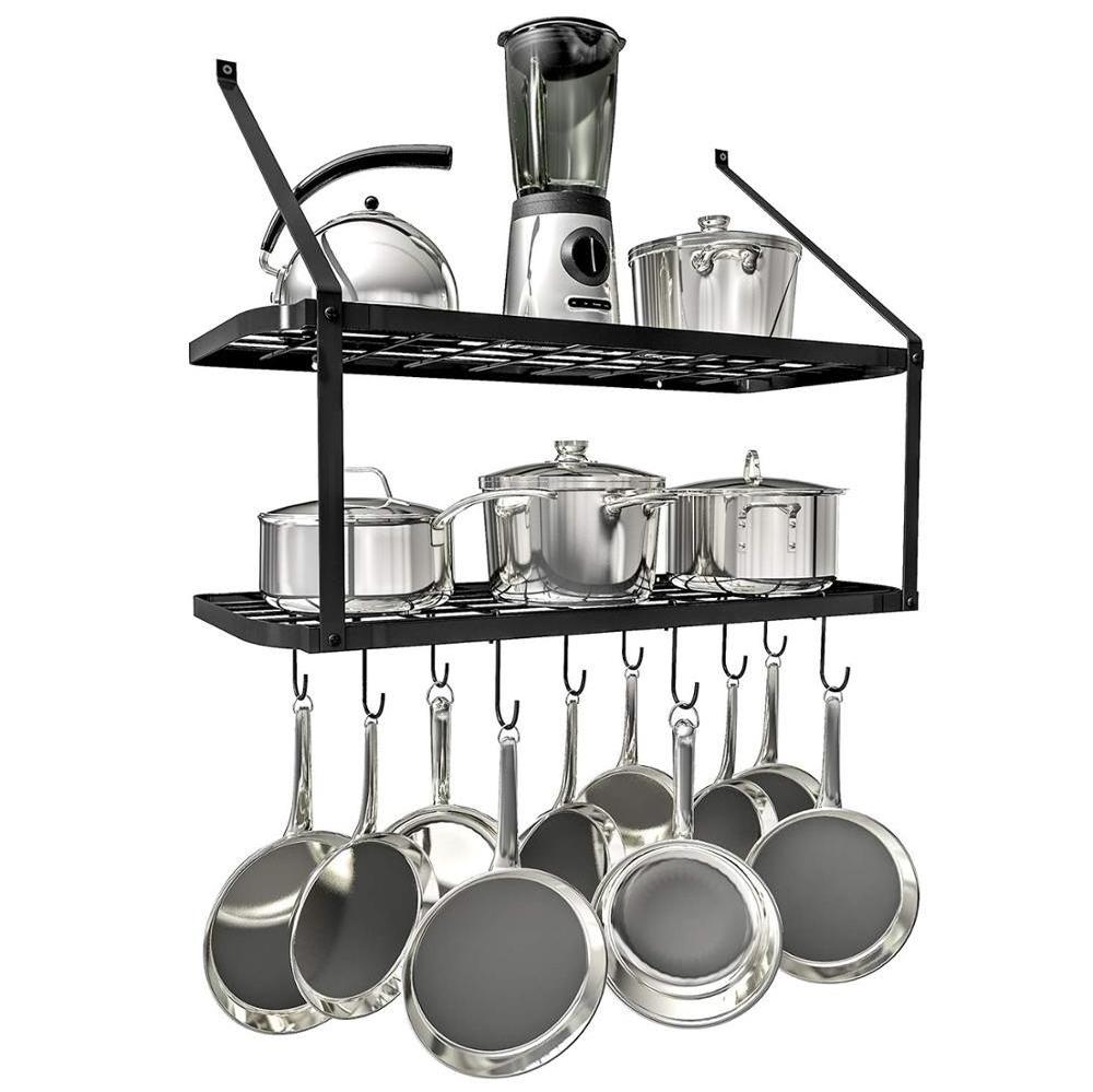 Wall Mounted 2 Tiers Shelf Pot Rack Pan Hanging Racks