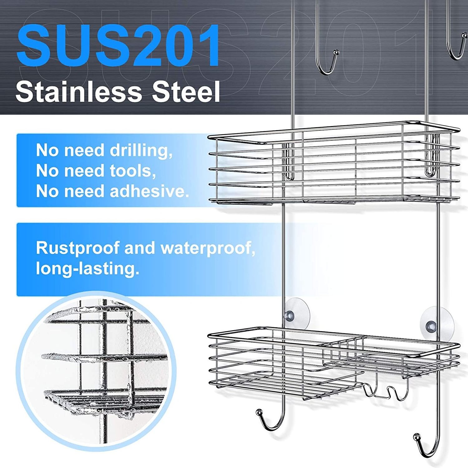 Shower Caddy Over The Door, Rustproof Bathroom Shelf Organizer, Stainless Steel Wall Rack for Dorm, Toilet, Bath