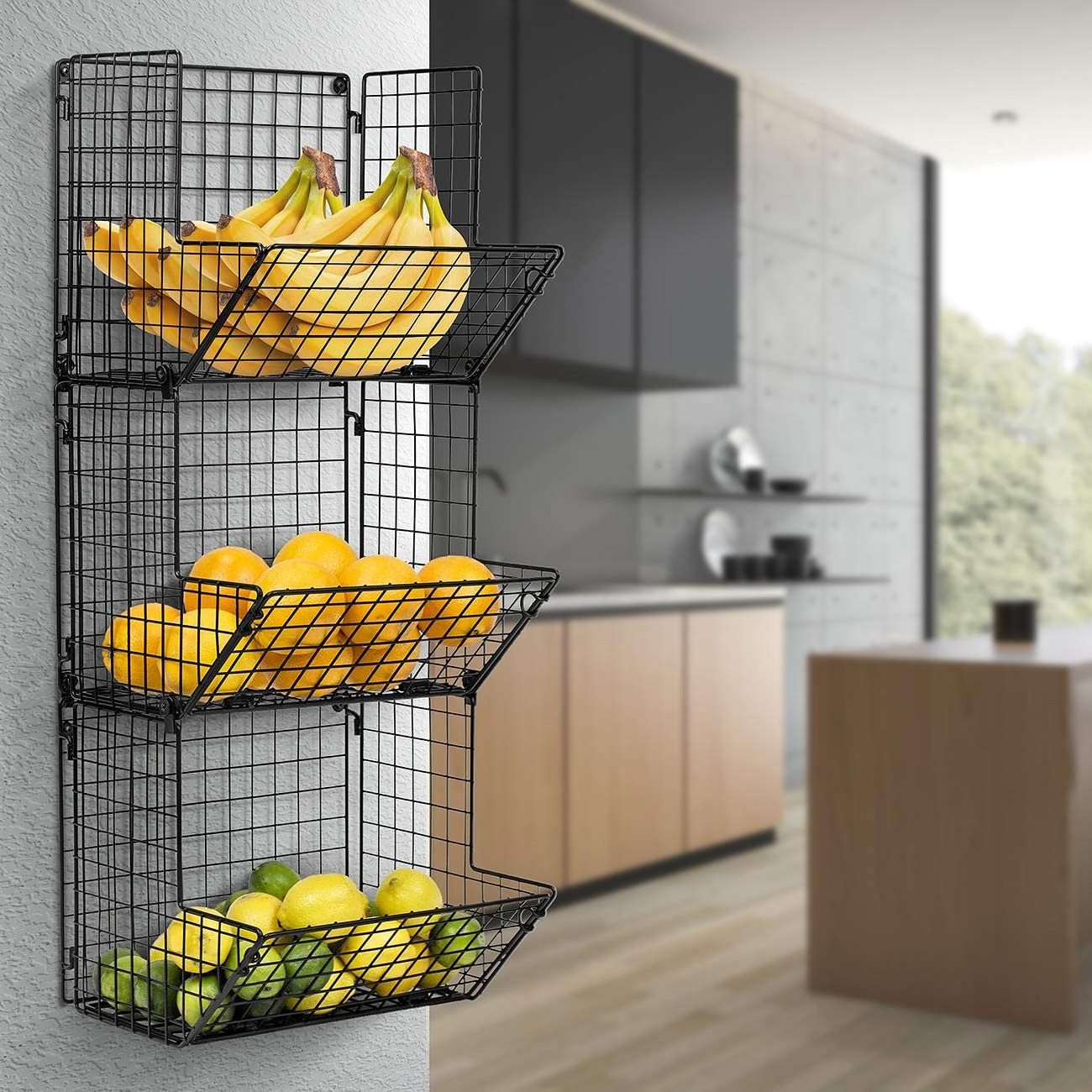 Metal Wire 3 Tier Wall Mounted Kitchen Fruit / Bathroom Towel Baskets Shelves