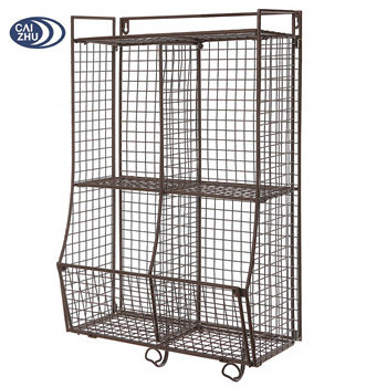 Wall Mounted Metal Wire Mesh Storage Basket Shelf Organizer Rack  with 2 Hanging Hooks