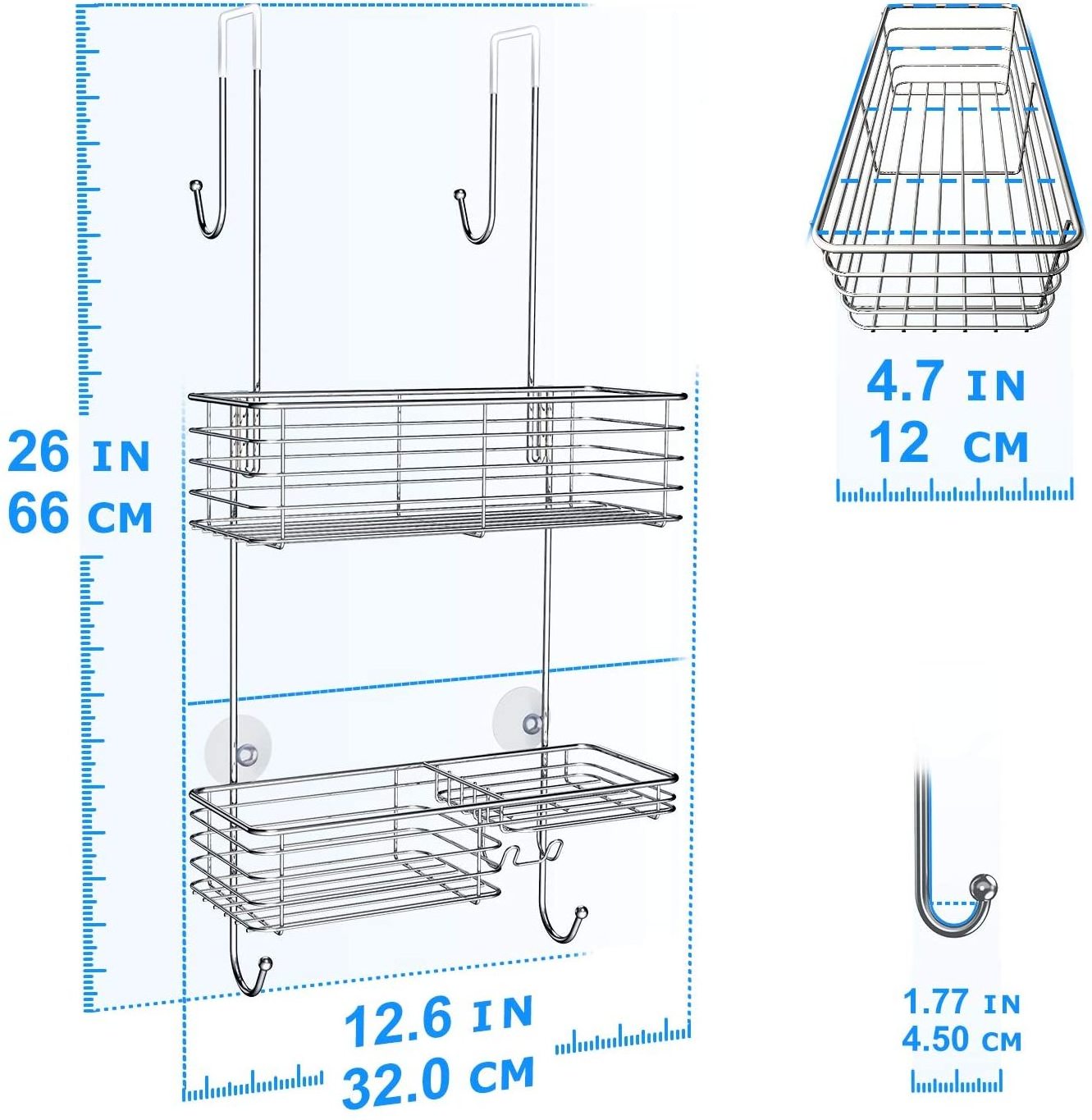 Shower Caddy Over The Door, Rustproof Bathroom Shelf Organizer, Stainless Steel Wall Rack for Dorm, Toilet, Bath